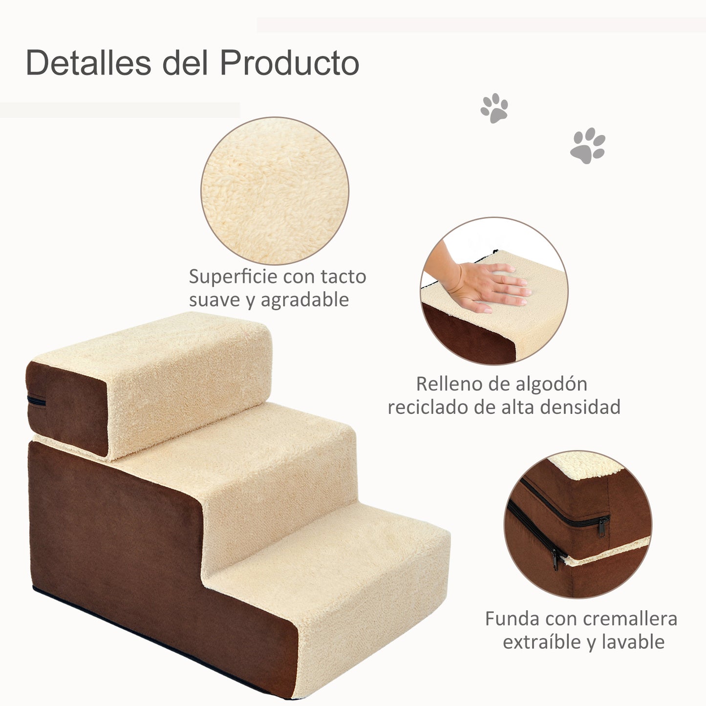 PawHut Escalera para Mascotas Perros Gatos de 3 Peldaños Desmontable y Funda Extraíble Portátil Carga 15 kg 54x40x39 cm Marrón y Beige