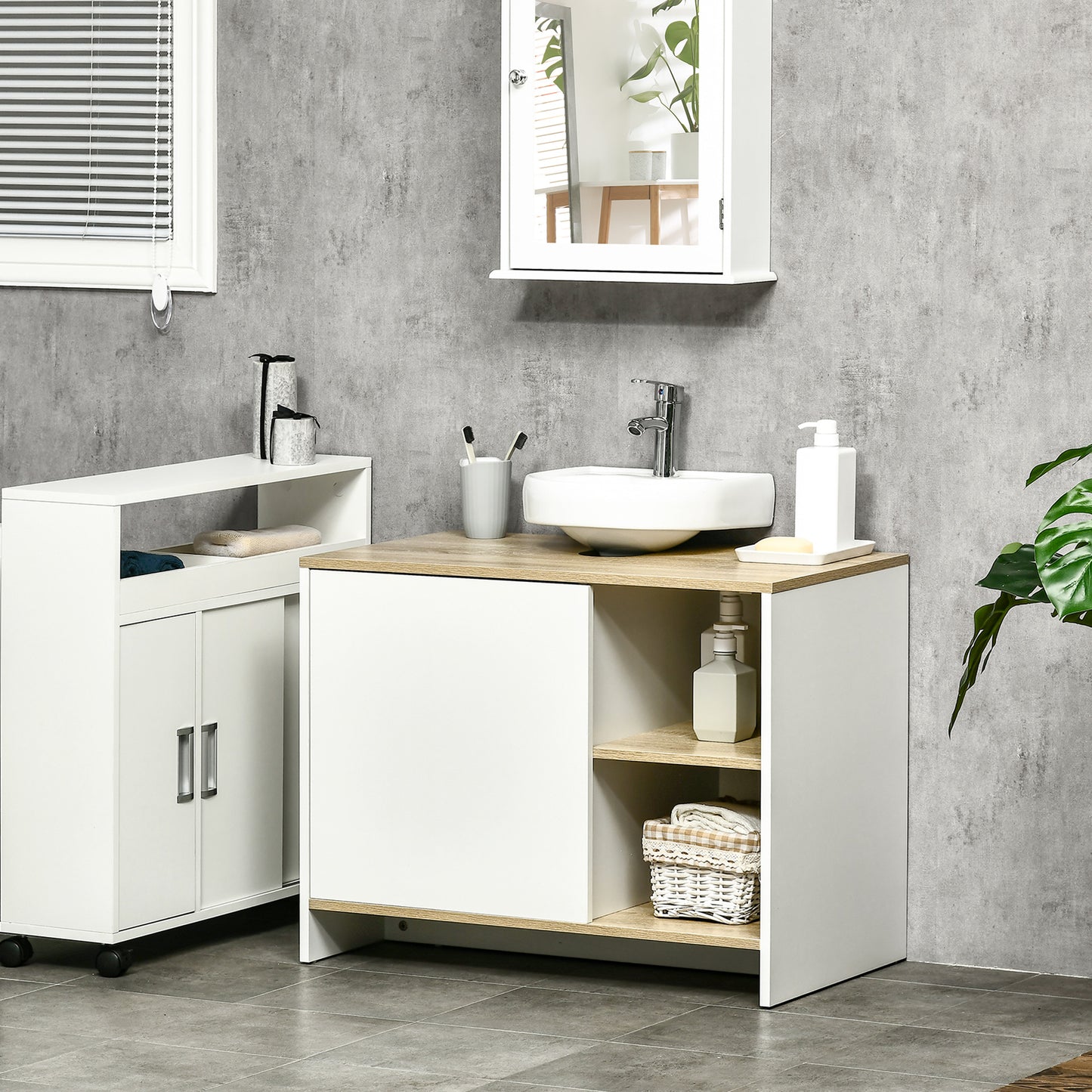 kleankin Mueble Bajo Lavabo Mueble de Lavabo Moderno Mueble de Baño con Compartimentos y Puerta 77x45x60 cm Blanco y Natural