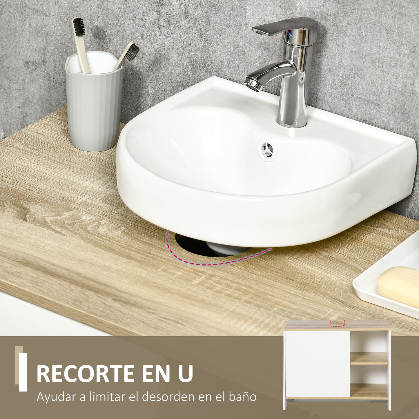 kleankin Mueble Bajo Lavabo Mueble de Lavabo Moderno Mueble de Baño con Compartimentos y Puerta 77x45x60 cm Blanco y Natural