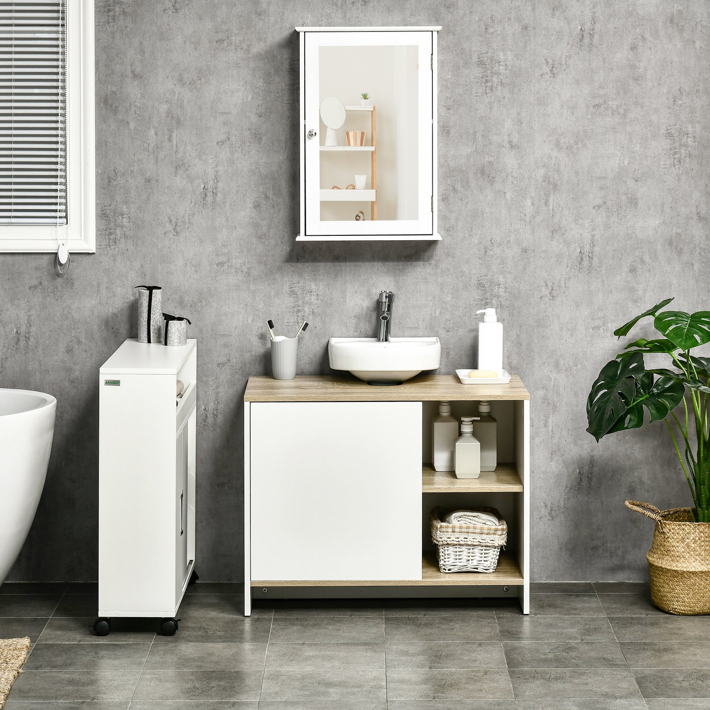 kleankin Mueble Bajo Lavabo Mueble de Lavabo Moderno Mueble de Baño con Compartimentos y Puerta 77x45x60 cm Blanco y Natural