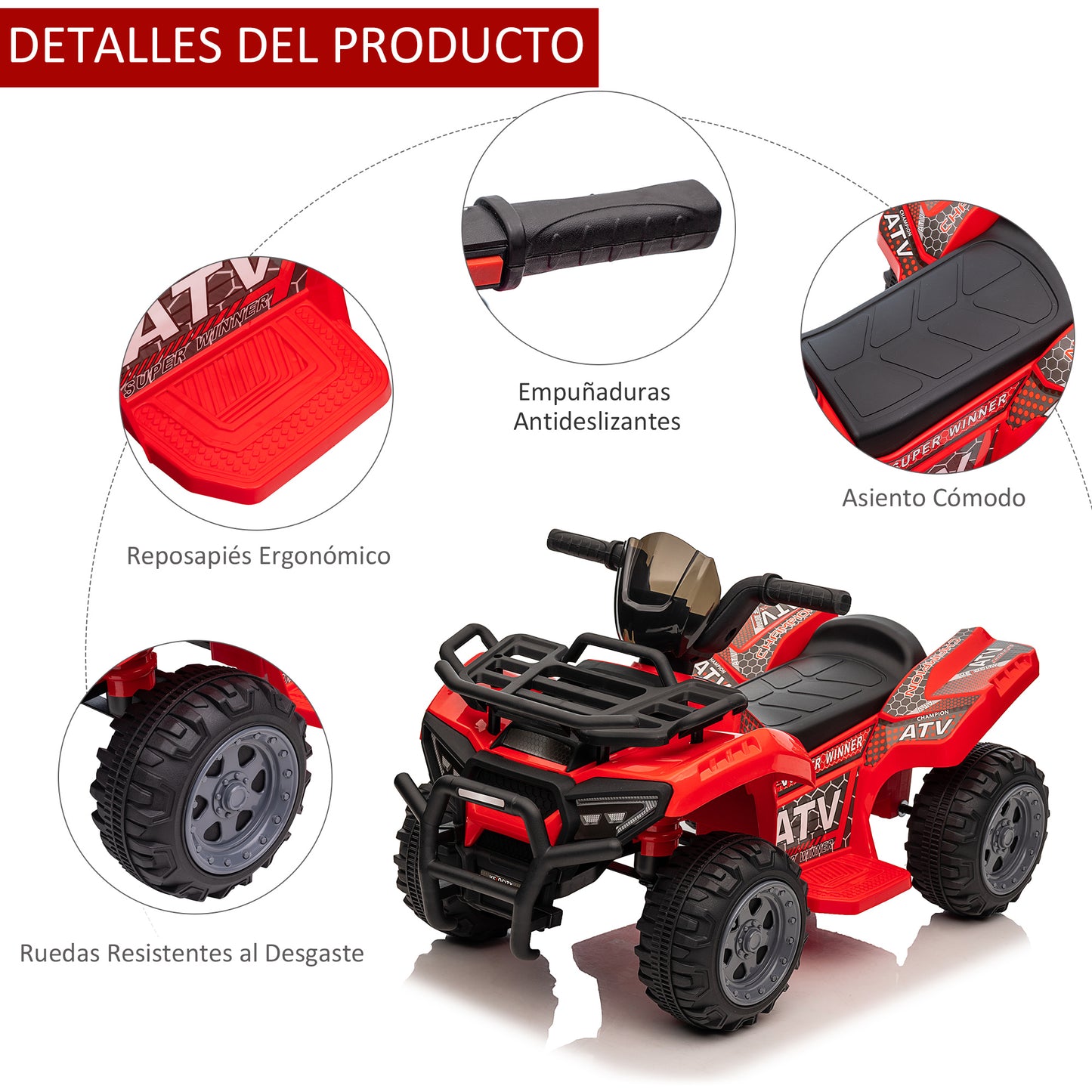 HOMCOM Quad Eléctrico para Niños de +18 Meses Vehículo Eléctrico a Batería 6V Infantil con Velocidad de 2 km/h y Avance 70x42x45 cm Rojo