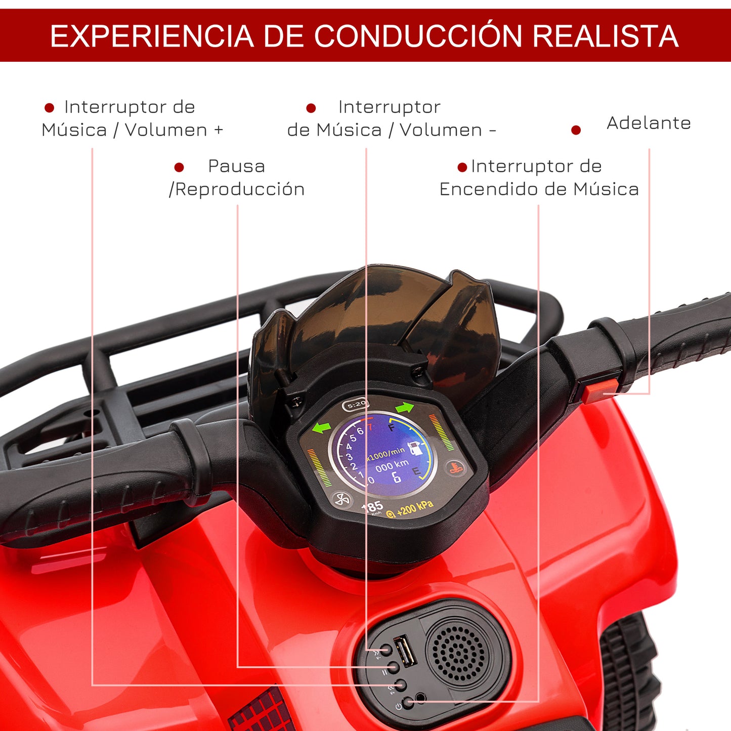 HOMCOM Quad Eléctrico para Niños de +18 Meses Vehículo Eléctrico a Batería 6V Infantil con Velocidad de 2 km/h y Avance 70x42x45 cm Rojo