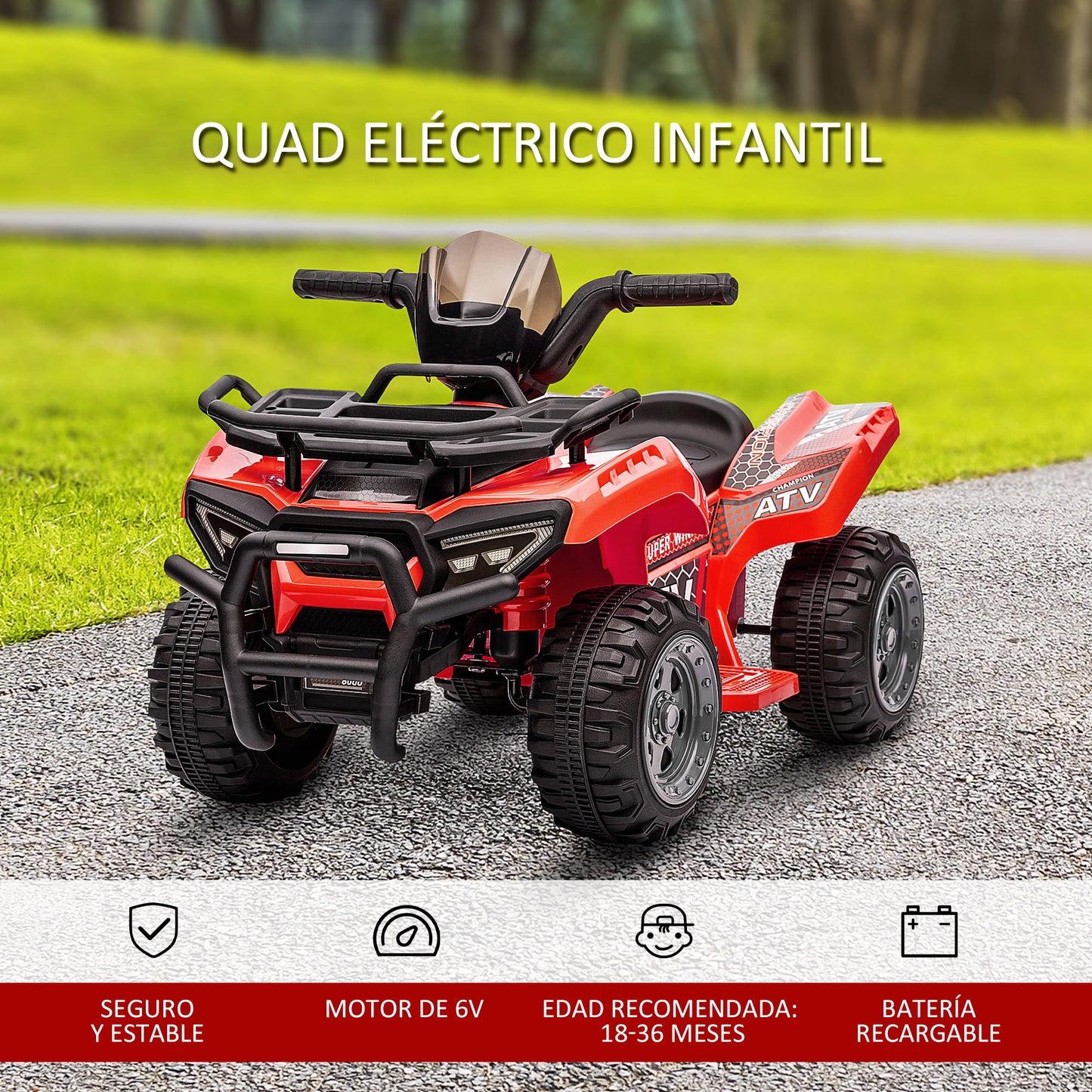 HOMCOM Quad Eléctrico para Niños de +18 Meses Vehículo Eléctrico a Batería 6V Infantil con Velocidad de 2 km/h y Avance 70x42x45 cm Rojo