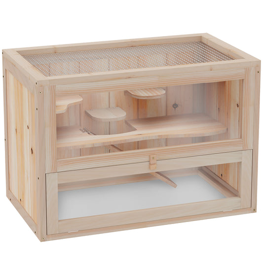 PawHut Jaula Madera para Hámster Ratoncillos Roedores Casa para Animales Pequeños 2 Niveles de Plataforma Rampa Techo Abatible 60x35x42 cm