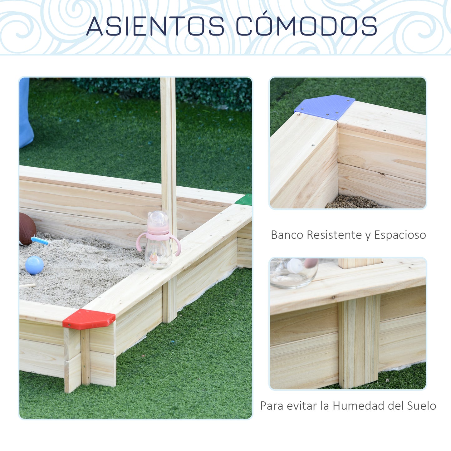 Outsunny Arenero de Madera para Niños con Techo Cajón de Arena Toldo Ajustable Espacioso 120x120x120 cm para Jardín Exterior al Aire Libre Color Madera Natural