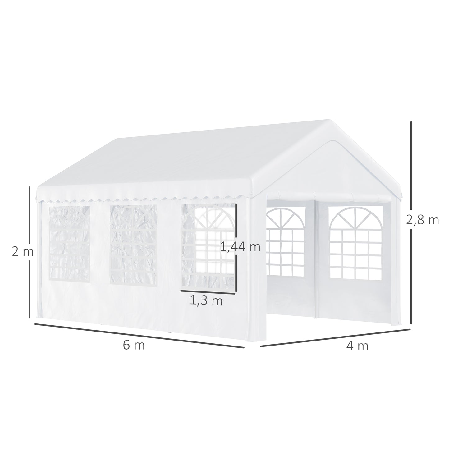 Outsunny Carpa para Fiesta Cochera Gazebo 6x4m Pergola Cenador Pabellón 4 Paneles Laterales Ventanas Anti-UV para Eventos Bodas Acero PE Blanco