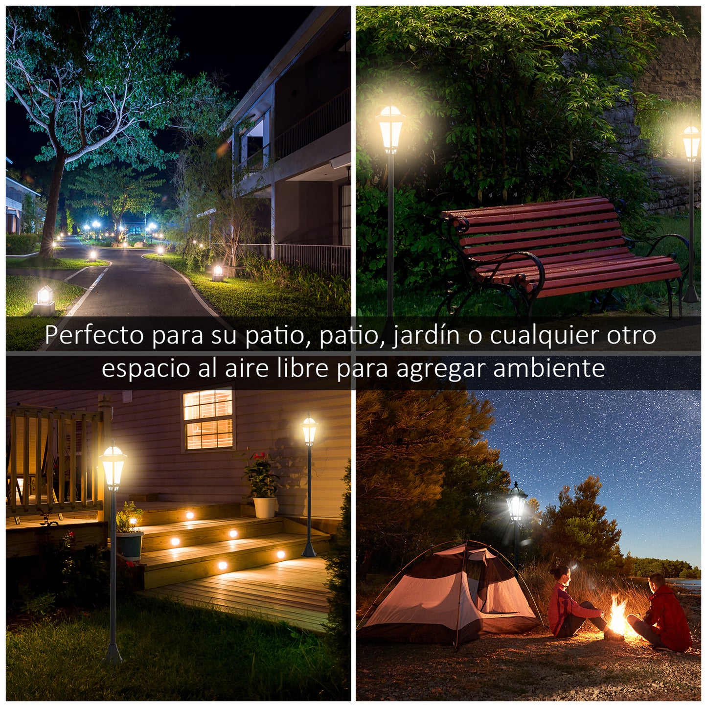 Outsunny 2 Farolas Solares de Jardín con 2 Luces LED Blanca 6000K Impermeable IP44 Sensor de Noche Set de 2 Farolas de Exterior para Camino Terraza Patio 18,5x18,5x129 cm Negro