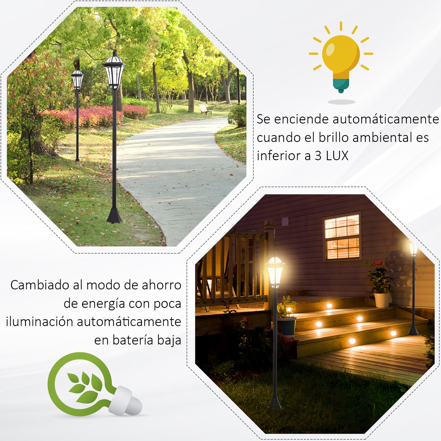 Outsunny 2 Farolas Solares de Jardín con 2 Luces LED Blanca 6000K Impermeable IP44 Sensor de Noche Set de 2 Farolas de Exterior para Camino Terraza Patio 18,5x18,5x129 cm Negro