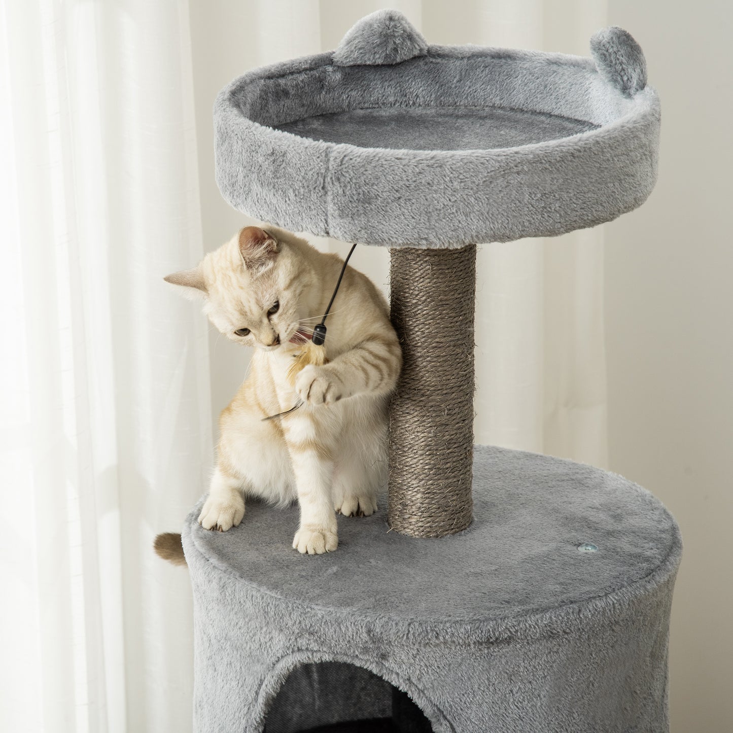 PawHut Árbol Rascador para Gatos 60x40x133 cm Torre de Gatos con Nido Cueva de Fieltro Extraíble Cama de Felpa Suave Postes Rascadores de Sisal Natural y Juguetes Gris