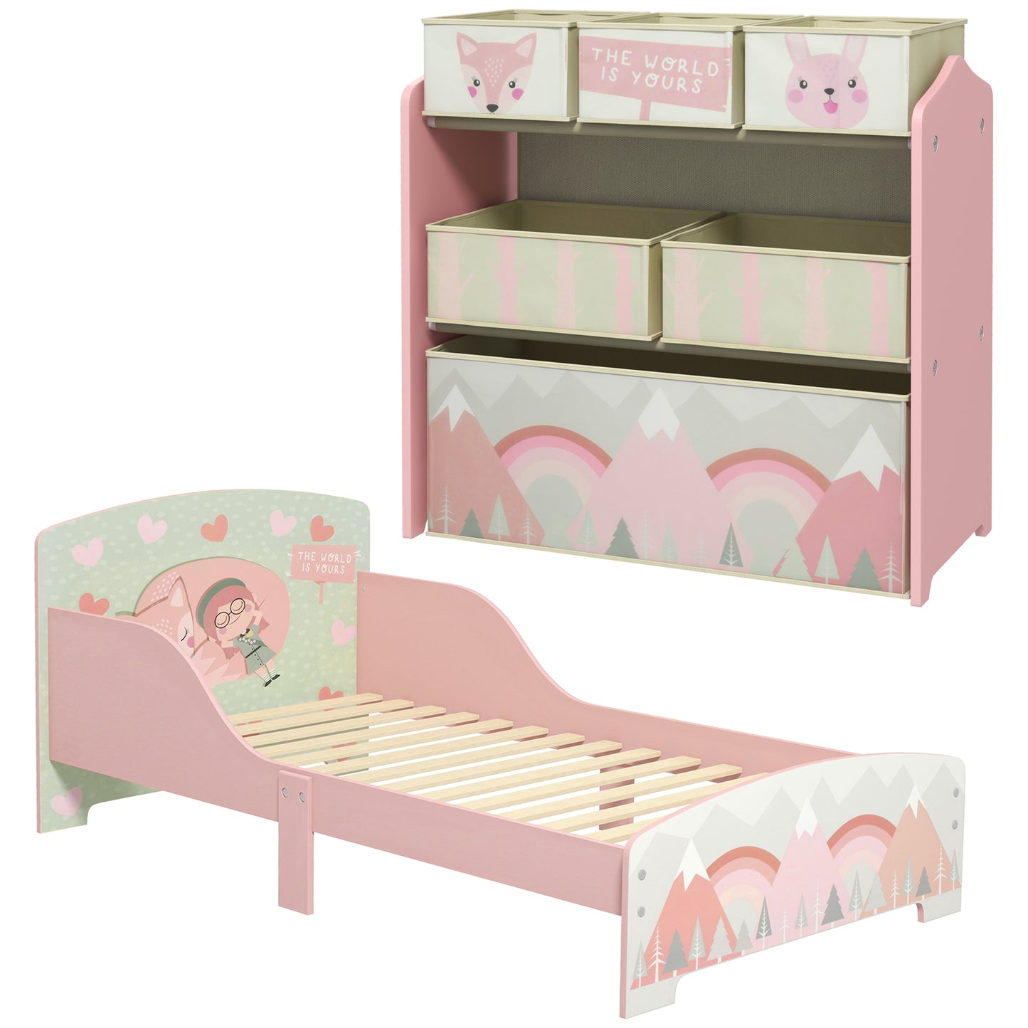 ZONEKIZ Conjunto para Niños Incluye 1 Cama Infantil de Madera con Barreras de Protección y 1 Estantería para Juguetes con 6 Cajas de Tela no Tejida Extraíbles Rosa