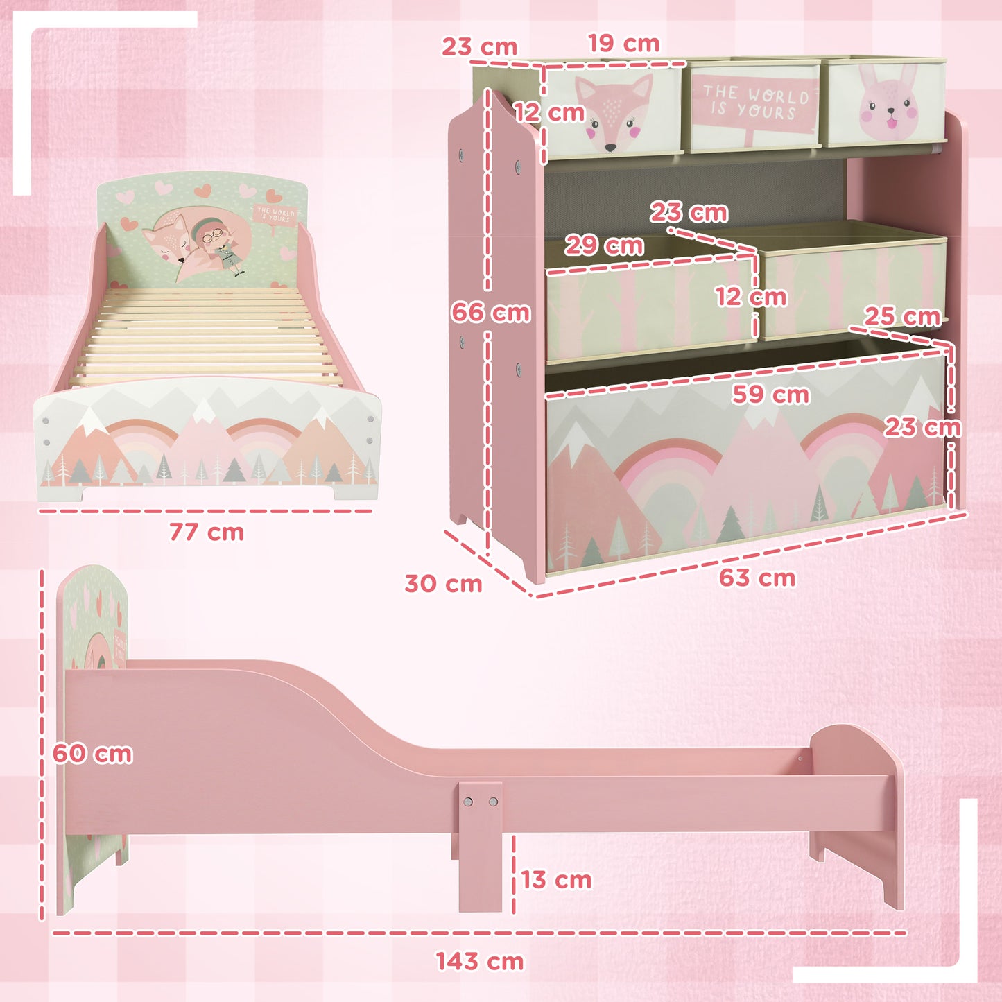 ZONEKIZ Conjunto para Niños Incluye 1 Cama Infantil de Madera con Barreras de Protección y 1 Estantería para Juguetes con 6 Cajas de Tela no Tejida Extraíbles Rosa