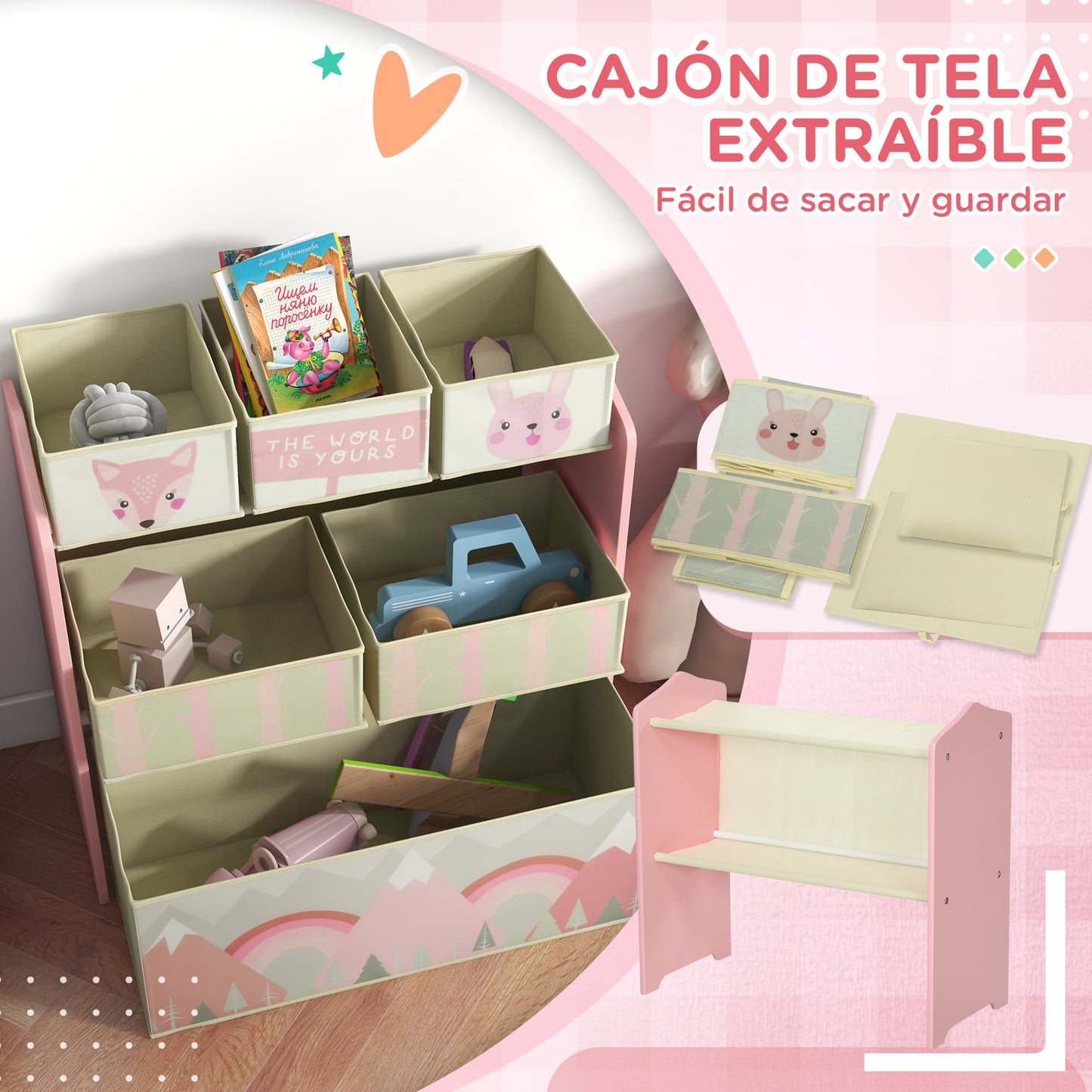 ZONEKIZ Conjunto para Niños Incluye 1 Cama Infantil de Madera con Barreras de Protección y 1 Estantería para Juguetes con 6 Cajas de Tela no Tejida Extraíbles Rosa