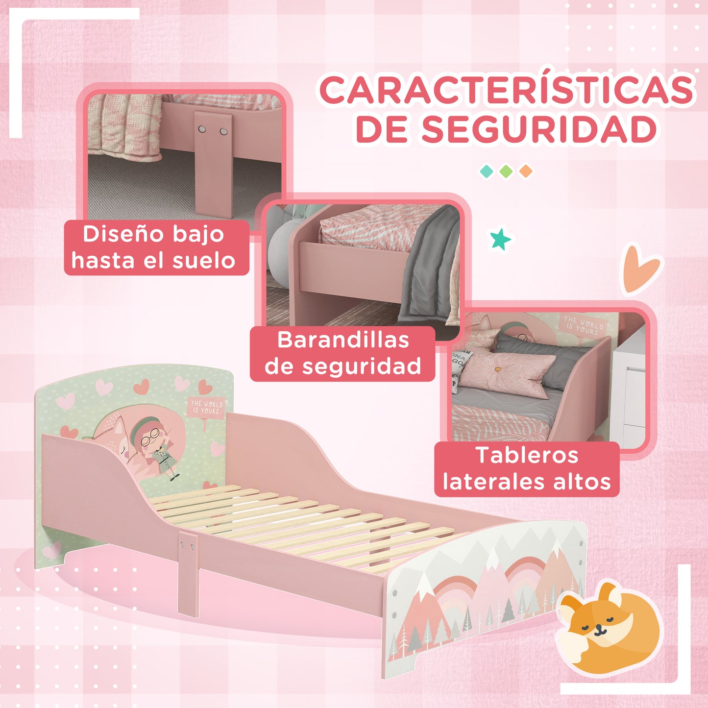 ZONEKIZ Conjunto para Niños Incluye 1 Cama Infantil de Madera con Barreras de Protección y 1 Estantería para Juguetes con 6 Cajas de Tela no Tejida Extraíbles Rosa