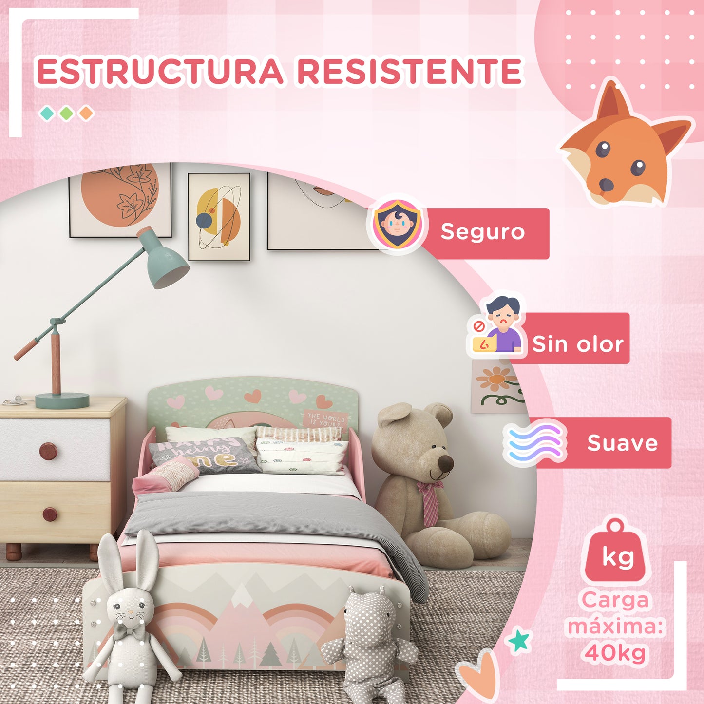 ZONEKIZ Conjunto para Niños Incluye 1 Cama Infantil de Madera con Barreras de Protección y 1 Estantería para Juguetes con 6 Cajas de Tela no Tejida Extraíbles Rosa