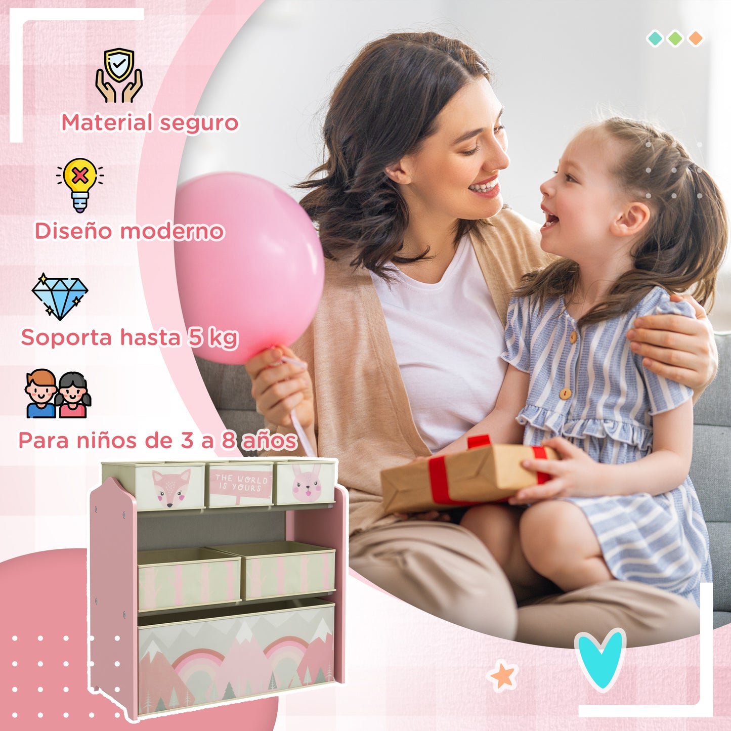 ZONEKIZ Conjunto para Niños Incluye 1 Cama Infantil de Madera con Barreras de Protección y 1 Estantería para Juguetes con 6 Cajas de Tela no Tejida Extraíbles Rosa