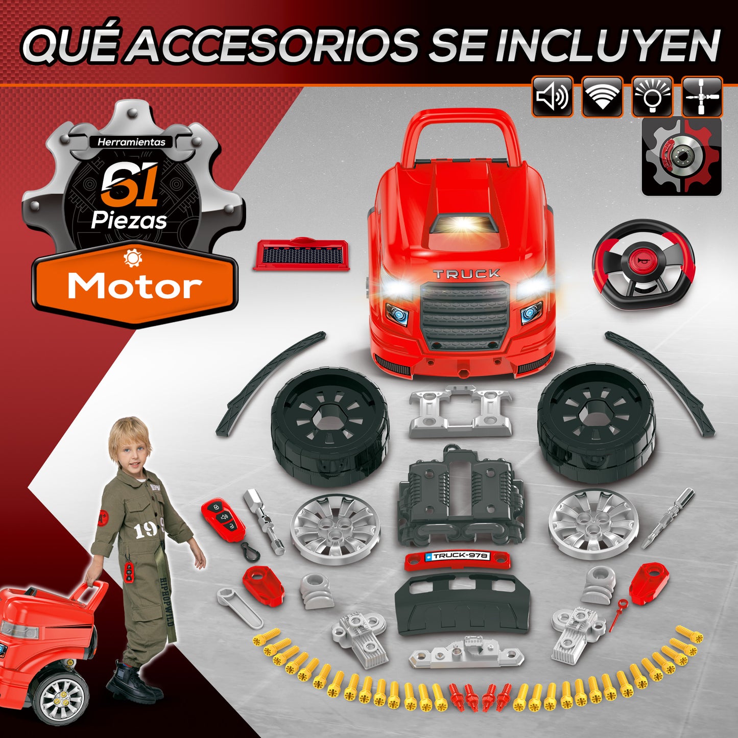 HOMCOM Motor de Camión para Niños de +3 Años Conjunto de Motor de Juguete con 61 Piezas Volante Bocina Faros Caja de Almacenaje y Ruedas 40x39x47 cm Rojo