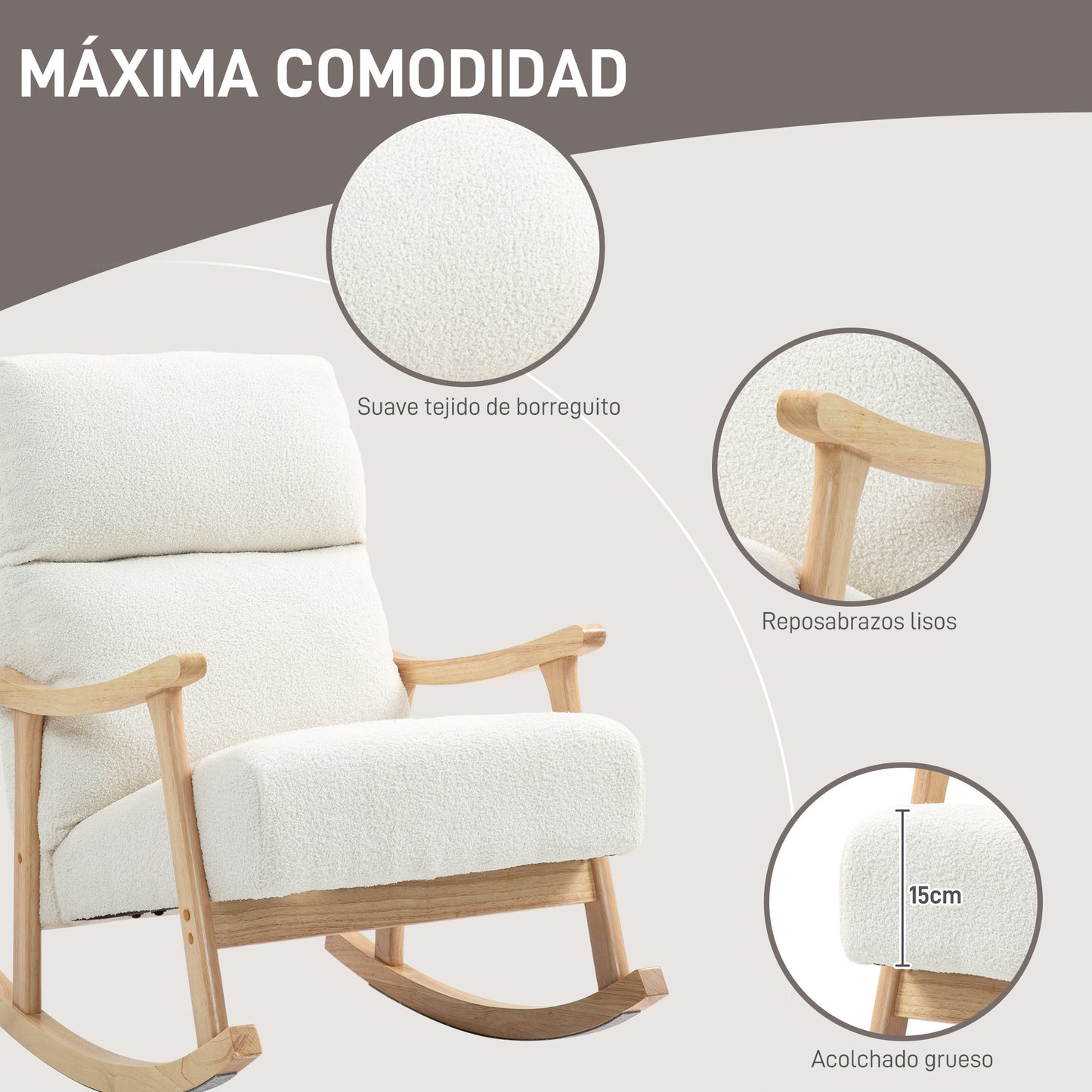 HOMCOM Mecedora de Borreguito Moderna Silla Mecedora con Patas y Reposabrazos de Madera de Haya Respaldo Alto Mecedora para Lactancia Carga 120 kg para Dormitorio Salón Crema