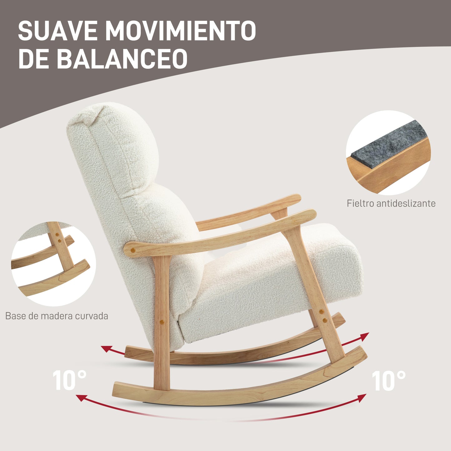 HOMCOM Mecedora de Borreguito Moderna Silla Mecedora con Patas y Reposabrazos de Madera de Haya Respaldo Alto Mecedora para Lactancia Carga 120 kg para Dormitorio Salón Crema