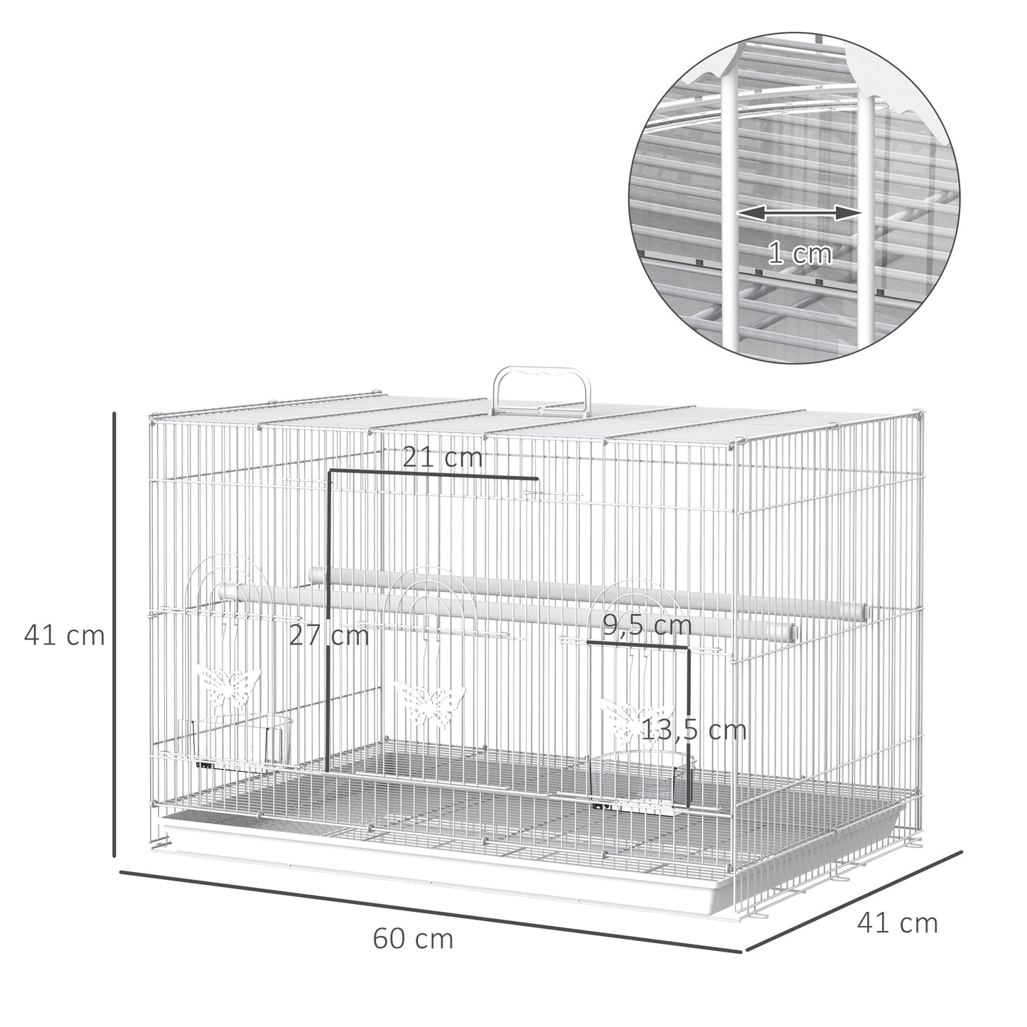 PawHut Jaula para Pájaros 60x41x41 cm Pajarera de Metal con Comederos 2 Perchas 3 Puertas y Asa de Transporte para Pájaros Pequeños Canarios Cotorras Blanco