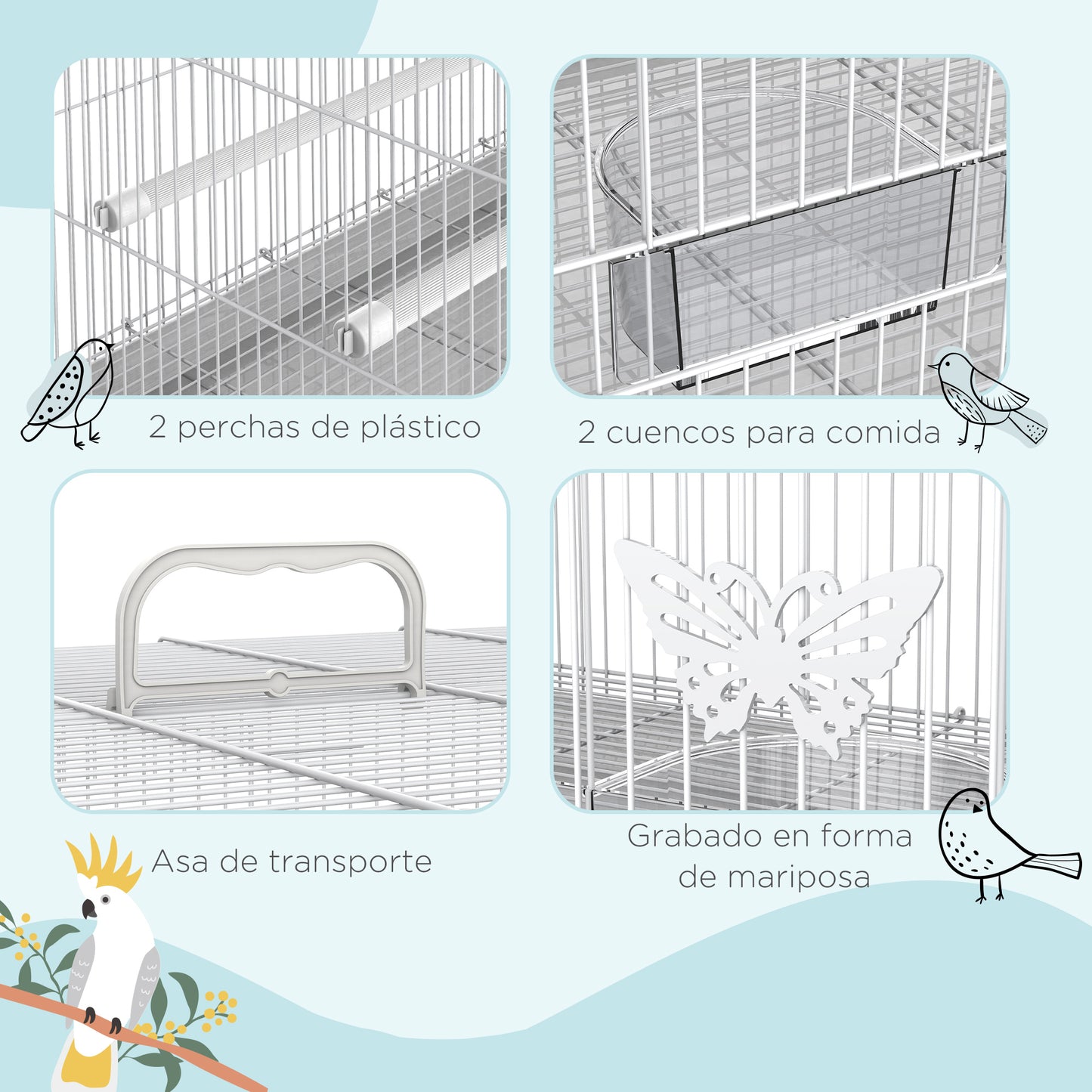 PawHut Jaula para Pájaros 60x41x41 cm Pajarera de Metal con Comederos 2 Perchas 3 Puertas y Asa de Transporte para Pájaros Pequeños Canarios Cotorras Blanco