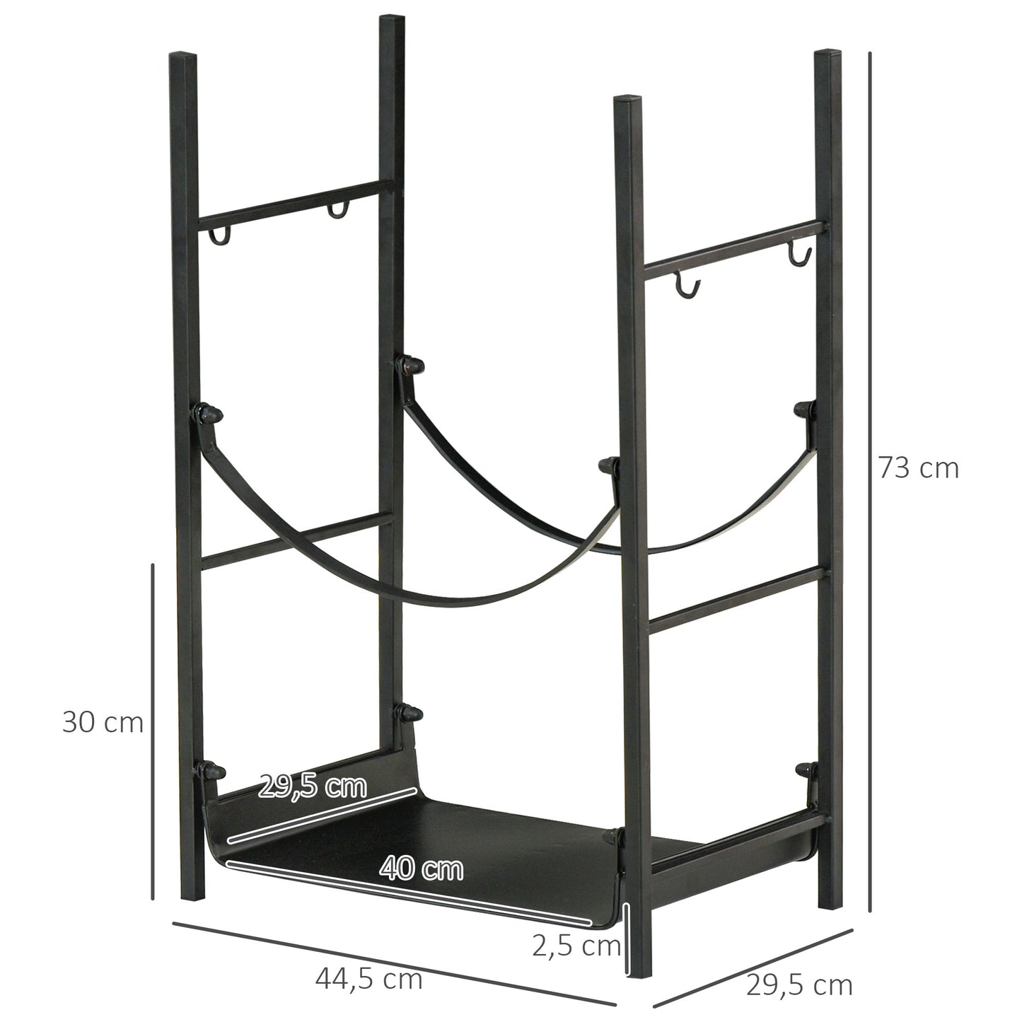 Outsunny Estante de Leña para Chimenea 44,5x29,5x73 cm Soporte para Leña de 2 Niveles Leñero Exterior e Interior Metálico con 4 Herramientas Carga Máx. 70 kg Negro