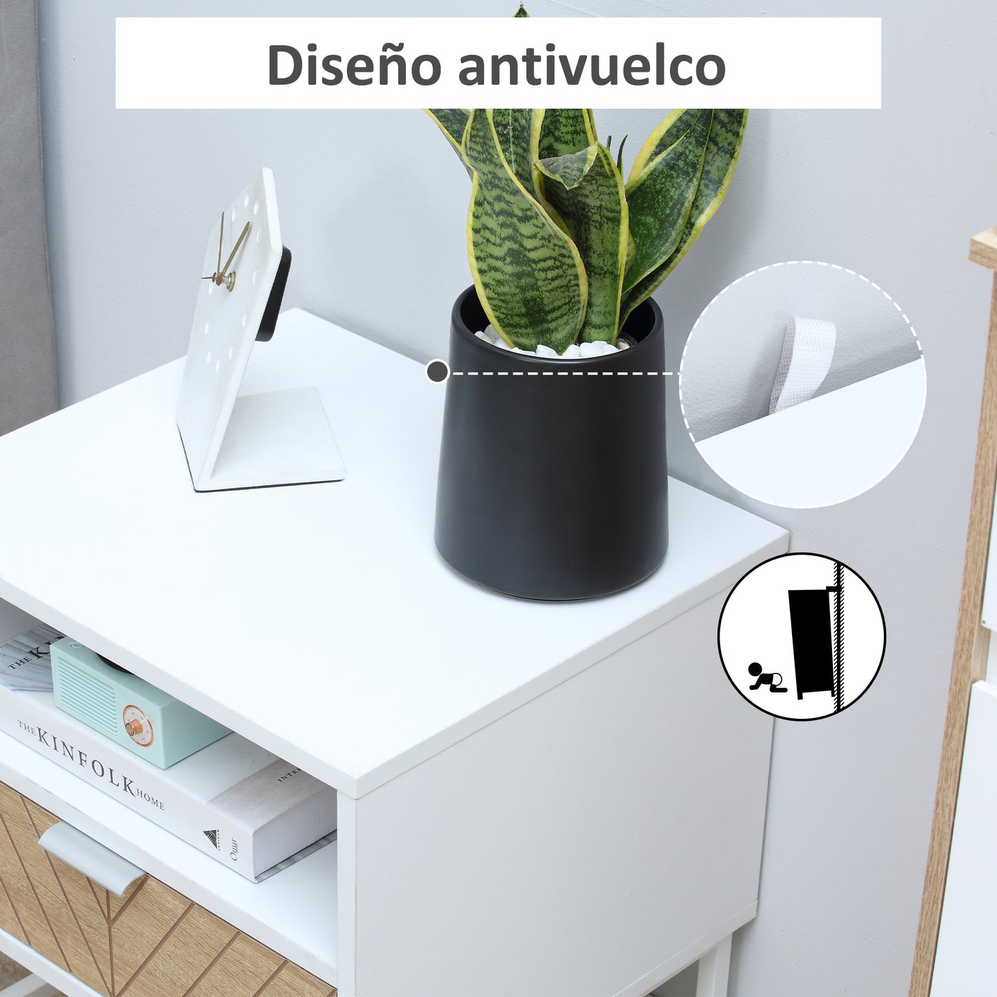 HOMCOM Mesita de Noche Moderna Mesilla de Noche con Cajón y Compartimiento Mesa de Noche para Dormitorio Salón 45x39x48 cm Blanco y Roble