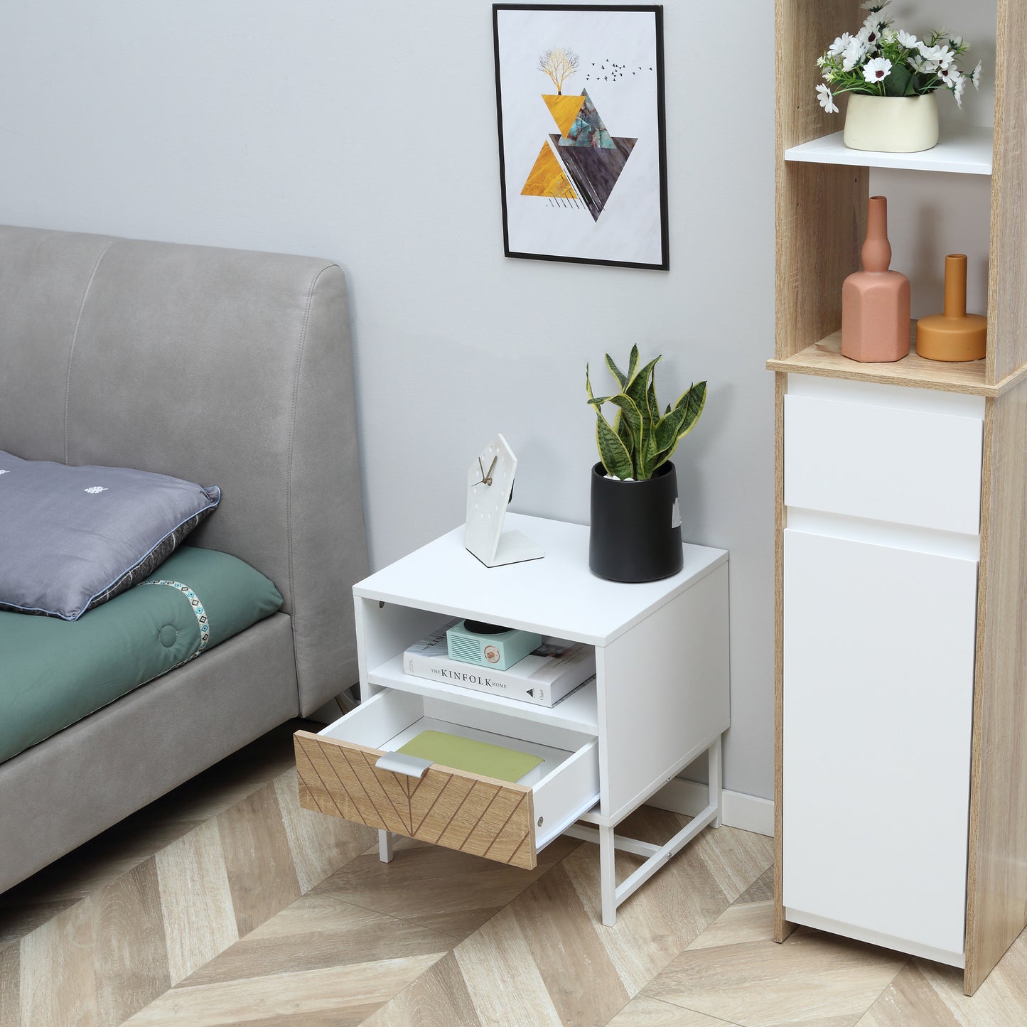 HOMCOM Mesita de Noche Moderna Mesilla de Noche con Cajón y Compartimiento Mesa de Noche para Dormitorio Salón 45x39x48 cm Blanco y Roble