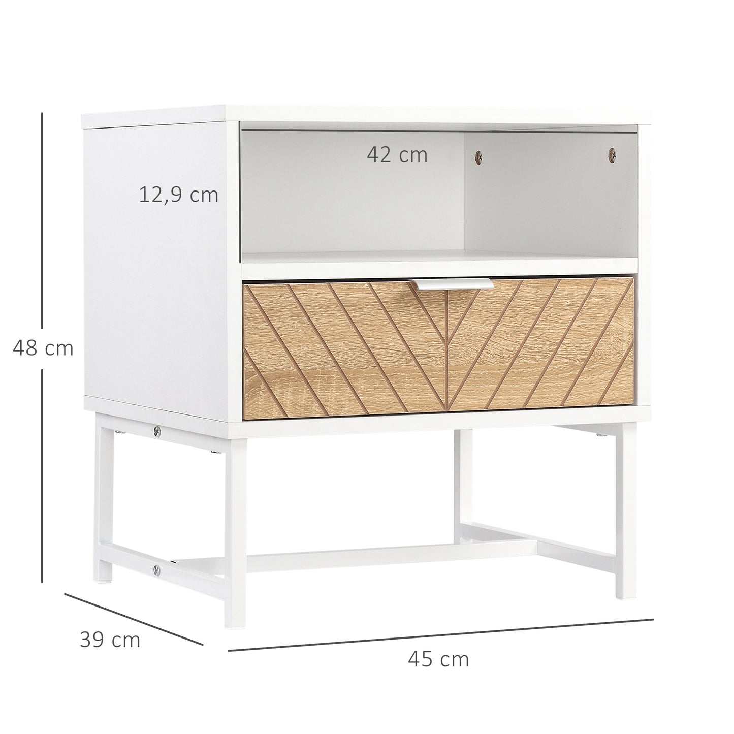 HOMCOM Mesita de Noche Moderna Mesilla de Noche con Cajón y Compartimiento Mesa de Noche para Dormitorio Salón 45x39x48 cm Blanco y Roble