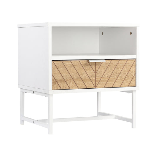 HOMCOM Mesita de Noche Moderna Mesilla de Noche con Cajón y Compartimiento Mesa de Noche para Dormitorio Salón 45x39x48 cm Blanco y Roble