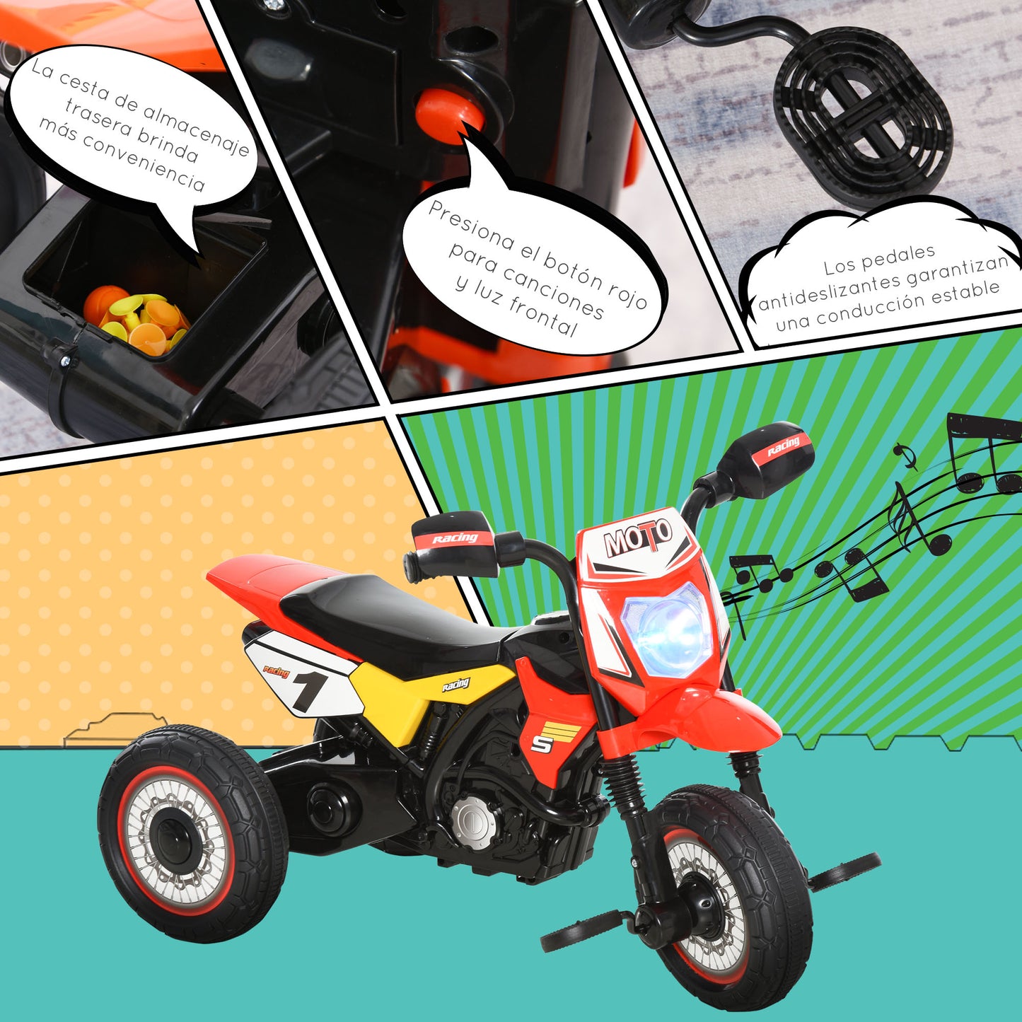 HOMCOM Moto Correpasillos Infantil para Niños de +18 Meses con Apariencia de Moto de Montaña con 3 Ruedas con Luces y Sonido Pedales Diseño Único 71x40x51 cm Rojo