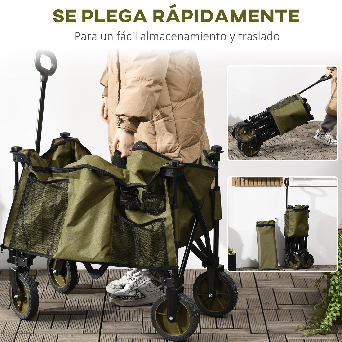 Outsunny Carro Plegable de Jardín con Ruedas Carro de Mano para Playa con Mango Telescópico Tablero Plegable 5 Bolsas de Almacenamiento Marco de Acero y Tela Oxford Carga 100 kg 108x55x93 cm Verde