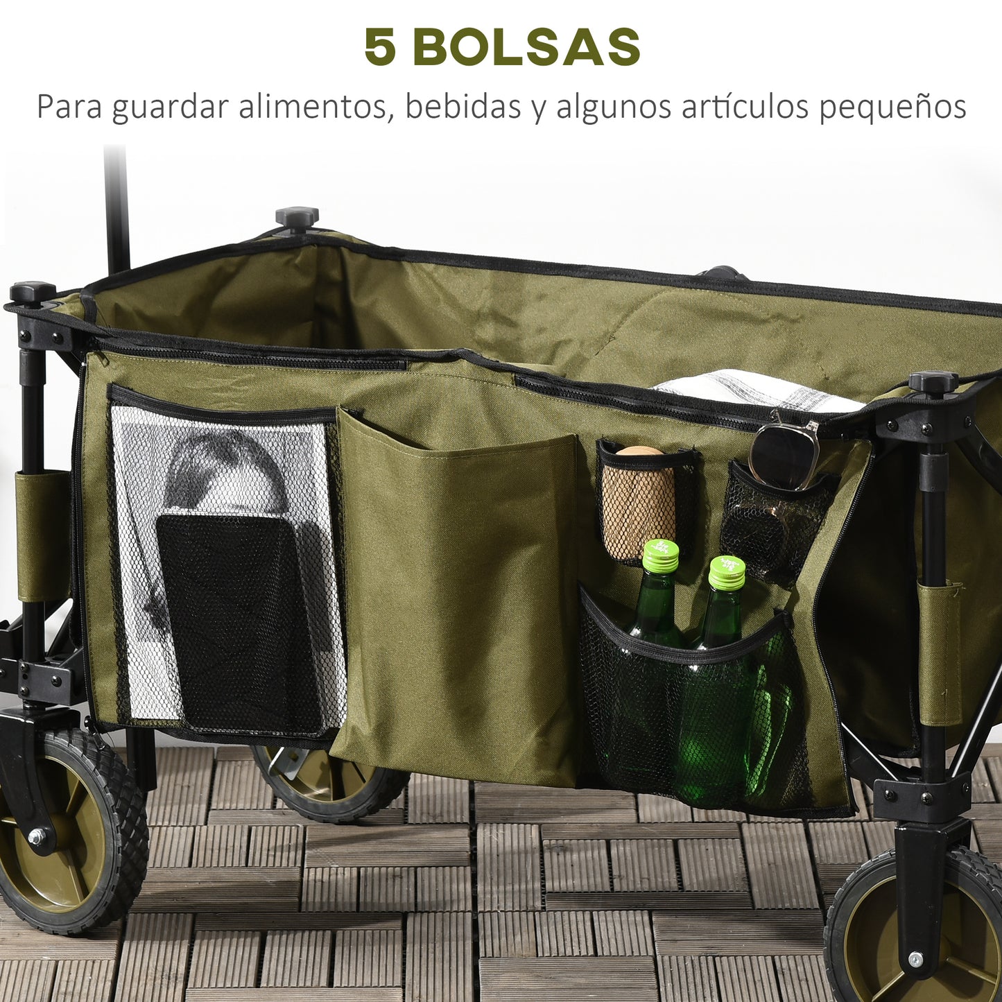 Outsunny Carro Plegable de Jardín con Ruedas Carro de Mano para Playa con Mango Telescópico Tablero Plegable 5 Bolsas de Almacenamiento Marco de Acero y Tela Oxford Carga 100 kg 108x55x93 cm Verde