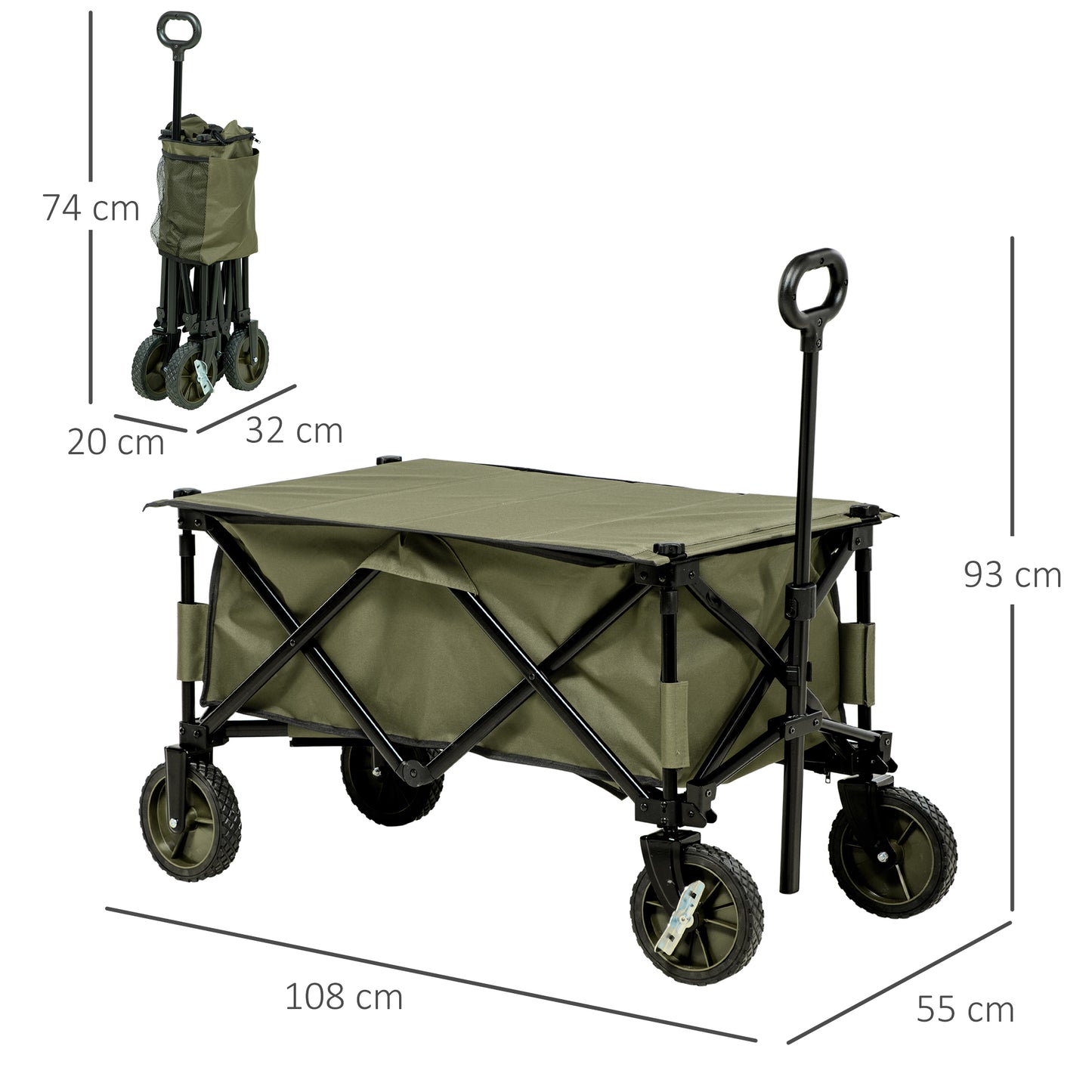 Outsunny Carro Plegable de Jardín con Ruedas Carro de Mano para Playa con Mango Telescópico Tablero Plegable 5 Bolsas de Almacenamiento Marco de Acero y Tela Oxford Carga 100 kg 108x55x93 cm Verde