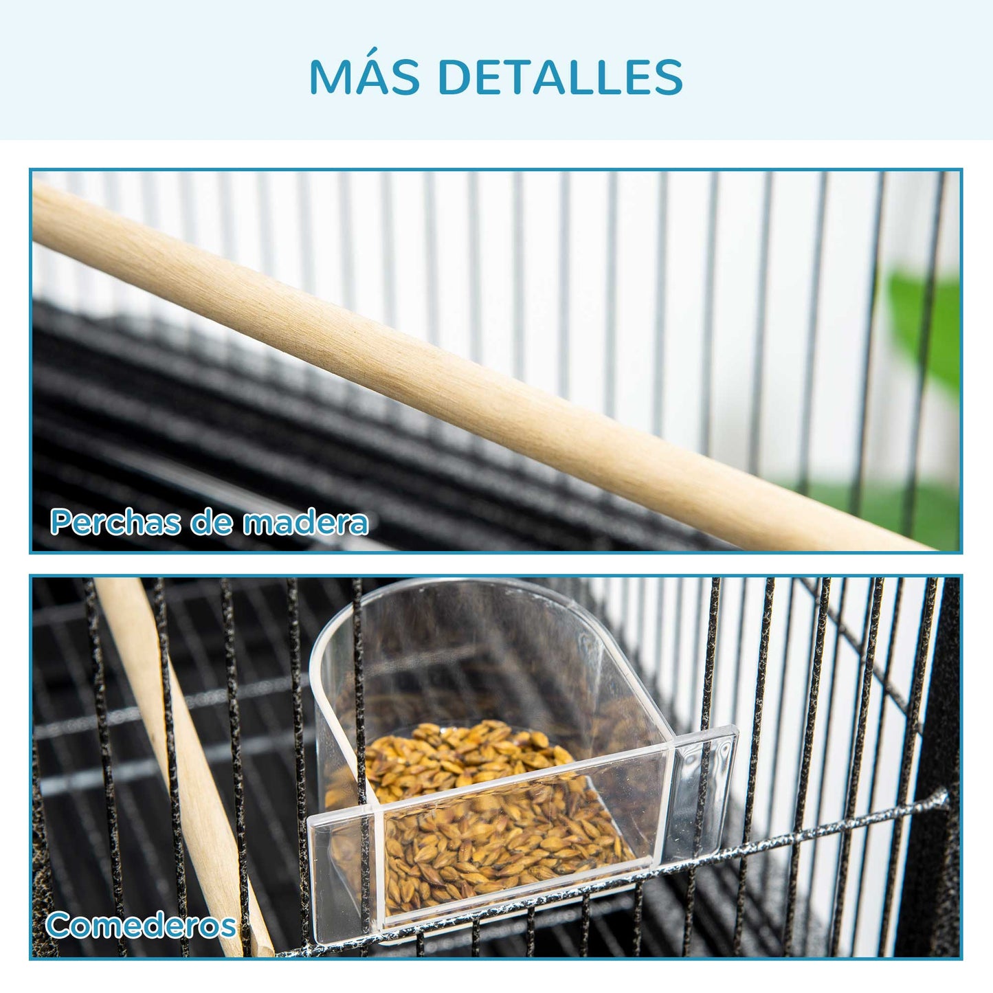 PawHut Jaula para Pájaros con Ruedas 81x48x162,5 cm Pajarera Metálico con Bandeja 4 Perchas 4 Comederos y Estante de Almacenamiento para Periquitos Canarios Negro y Gris