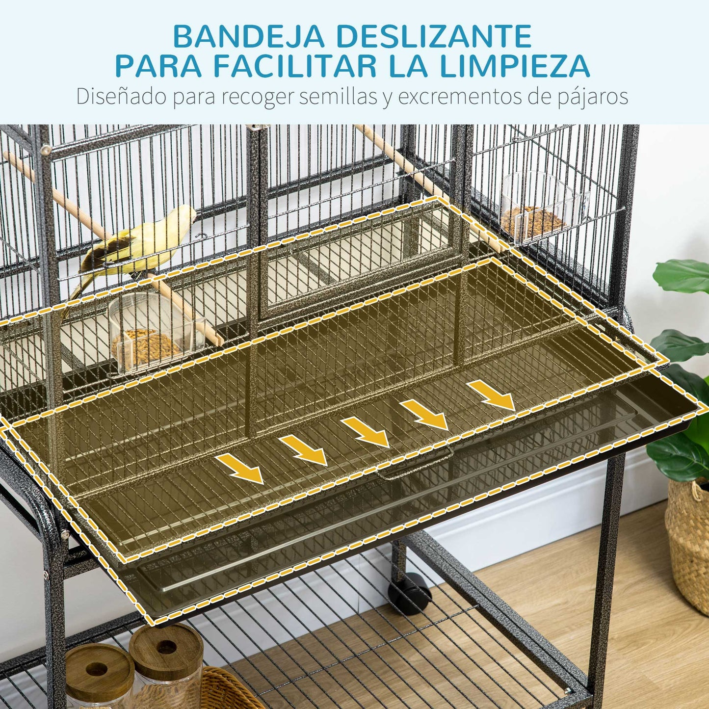 PawHut Jaula para Pájaros con Ruedas 81x48x162,5 cm Pajarera Metálico con Bandeja 4 Perchas 4 Comederos y Estante de Almacenamiento para Periquitos Canarios Negro y Gris