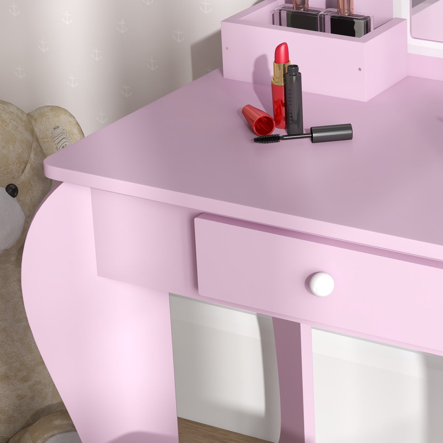 ZONEKIZ Tocador Infantil para Niñas y Niños de +3 Años Mesa de Maquillaje con Taburete y Espejo Tocador para Niñas con Cajón y Cajas de Almacenaje Forma de Nube Rosa