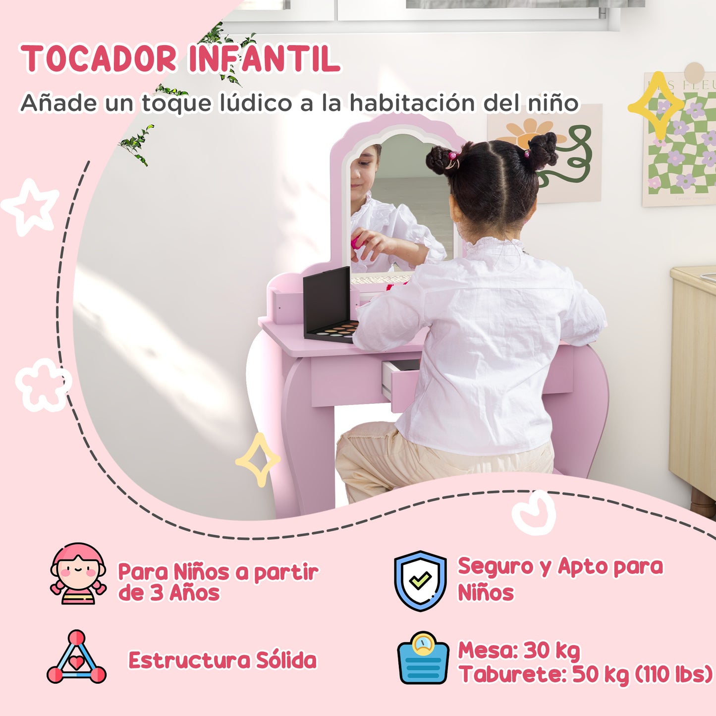 ZONEKIZ Tocador Infantil para Niñas y Niños de +3 Años Mesa de Maquillaje con Taburete y Espejo Tocador para Niñas con Cajón y Cajas de Almacenaje Forma de Nube Rosa