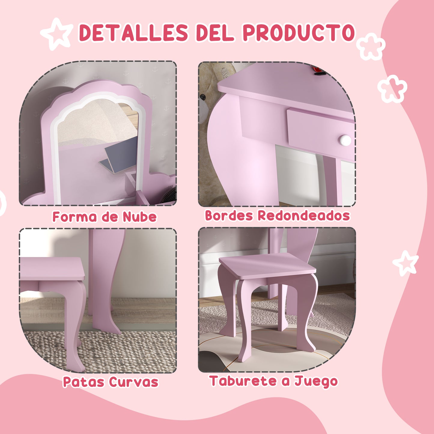 ZONEKIZ Tocador Infantil para Niñas y Niños de +3 Años Mesa de Maquillaje con Taburete y Espejo Tocador para Niñas con Cajón y Cajas de Almacenaje Forma de Nube Rosa