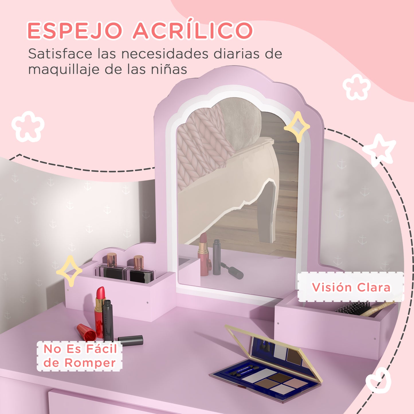 ZONEKIZ Tocador Infantil para Niñas y Niños de +3 Años Mesa de Maquillaje con Taburete y Espejo Tocador para Niñas con Cajón y Cajas de Almacenaje Forma de Nube Rosa