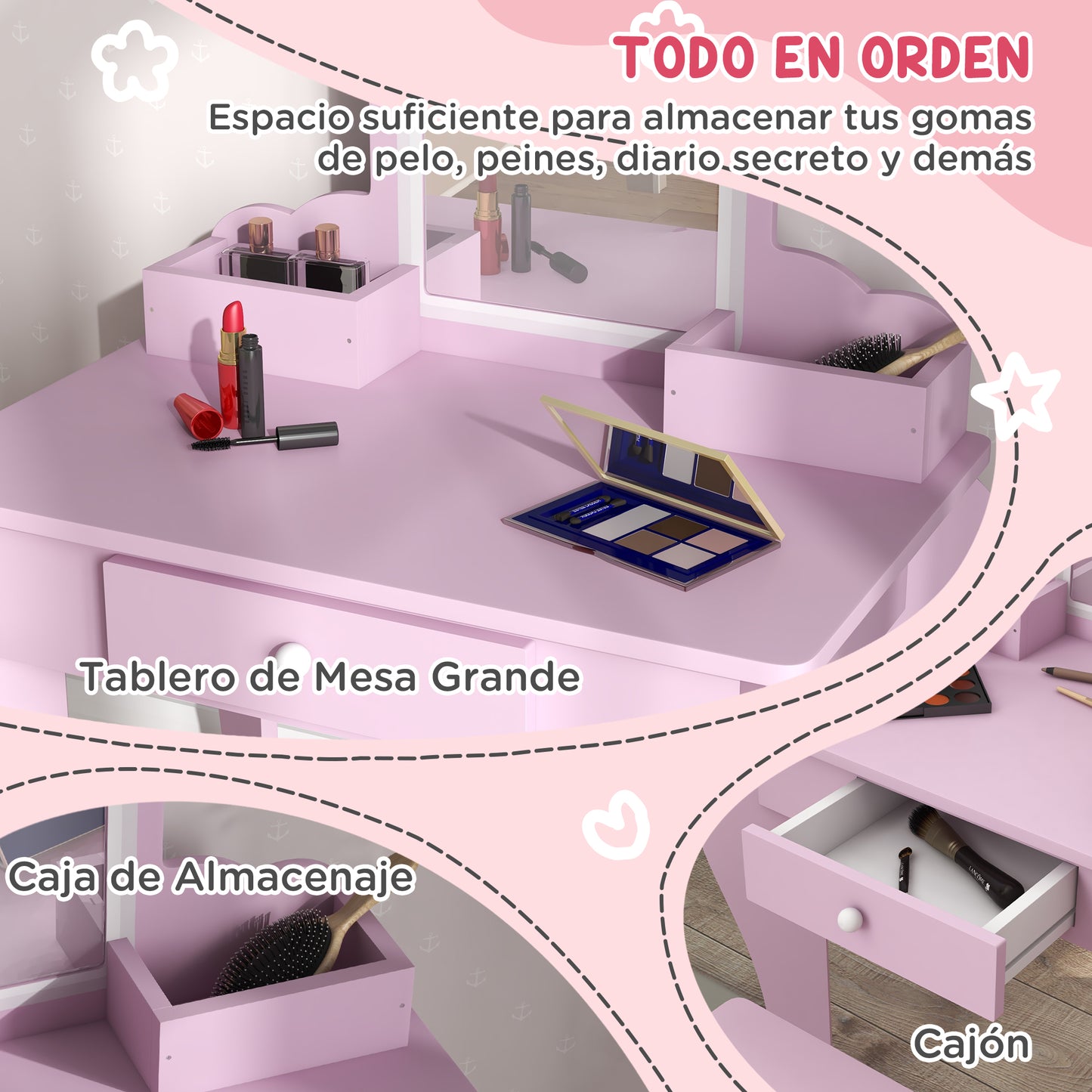 ZONEKIZ Tocador Infantil para Niñas y Niños de +3 Años Mesa de Maquillaje con Taburete y Espejo Tocador para Niñas con Cajón y Cajas de Almacenaje Forma de Nube Rosa