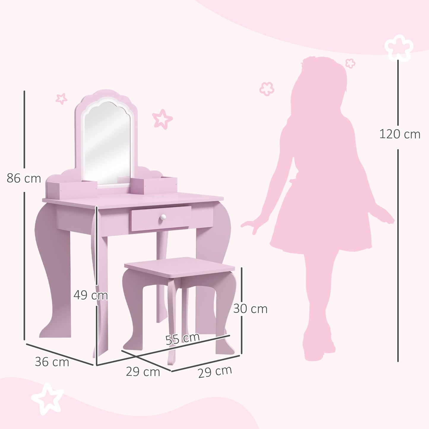 ZONEKIZ Tocador Infantil para Niñas y Niños de +3 Años Mesa de Maquillaje con Taburete y Espejo Tocador para Niñas con Cajón y Cajas de Almacenaje Forma de Nube Rosa