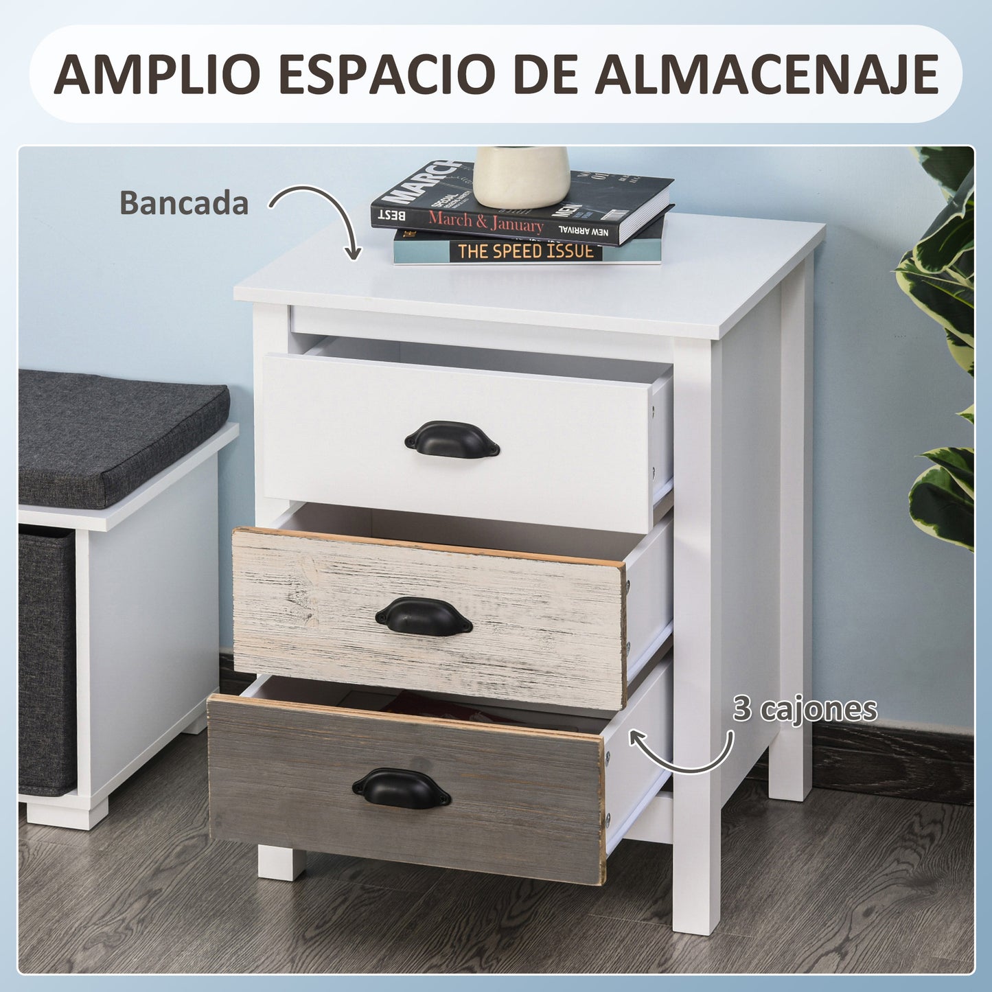 HOMCOM Mesita de Noche Moderna Mesilla de Noche con 3 Cajones Mesa de Noche para Dormitorio Salón 50x38x65 cm Blanco