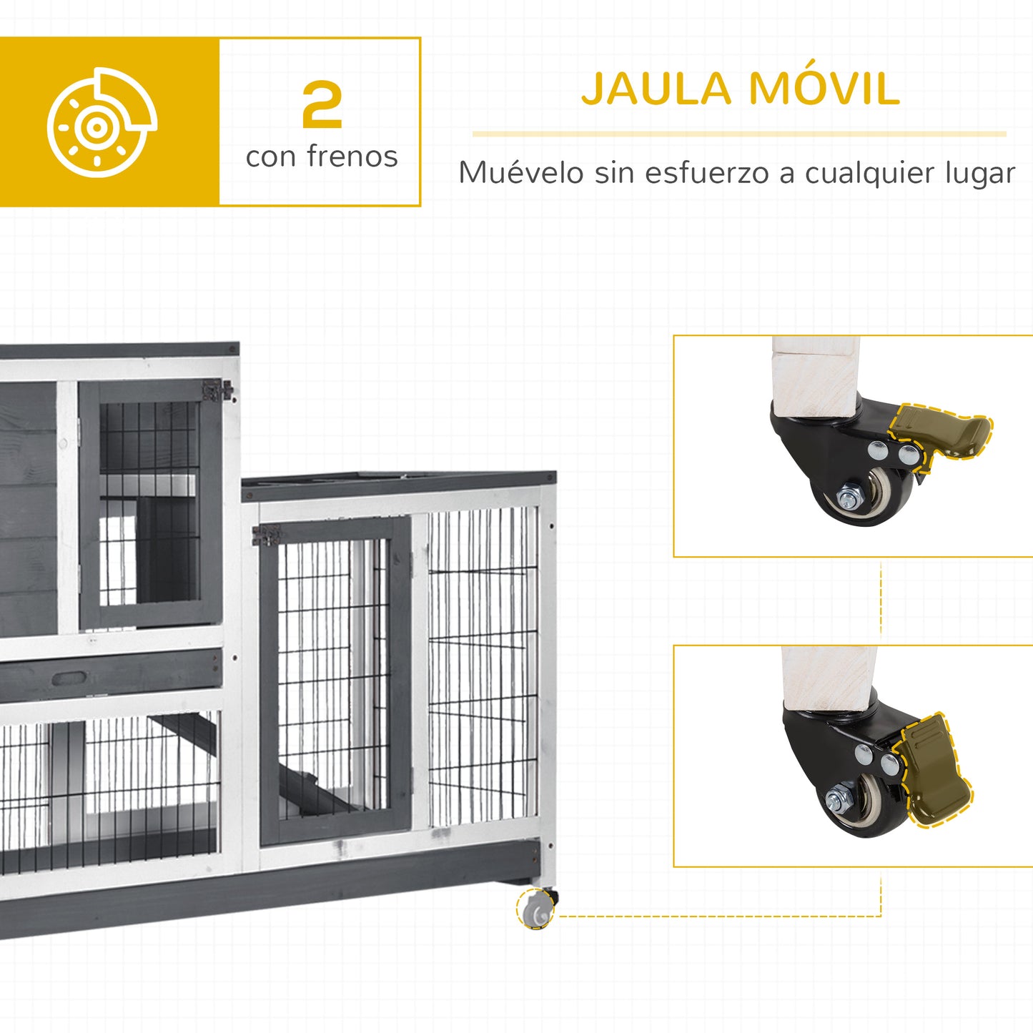 PawHut Conejera de Madera para Interior con Ruedas Jaula para Conejos Mascotas Pequeñas de 2 Pisos con Zona Abierta Rampa y 2 Bandejas Extraíbles 110x50x88 cm Gris