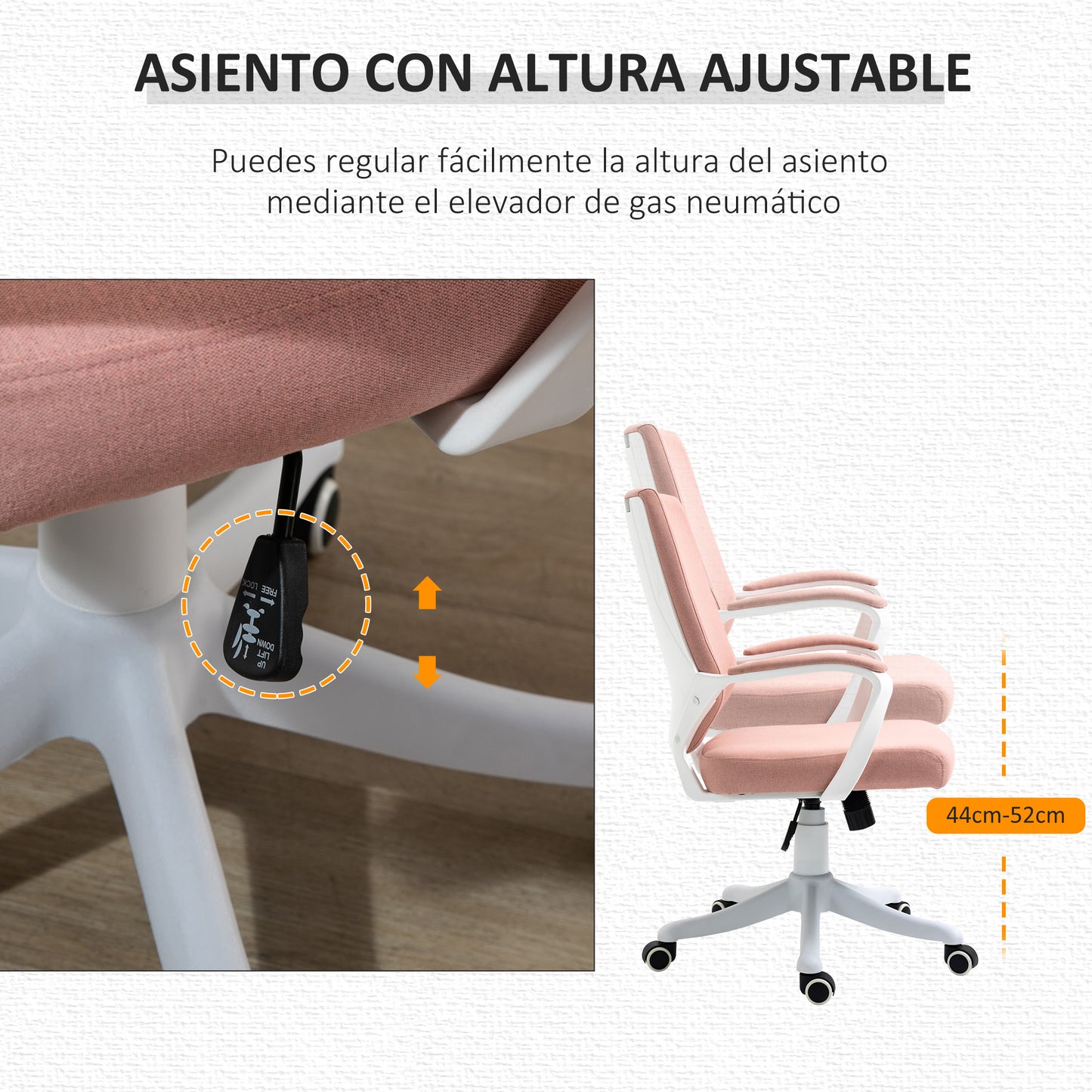 Vinsetto Silla de Oficina Giratoria Silla de Escritorio Basculante con Reposabrazos y Altura Ajustable para Dormitorio Salón Carga 120 kg 62x69x92-100 cm Rosa