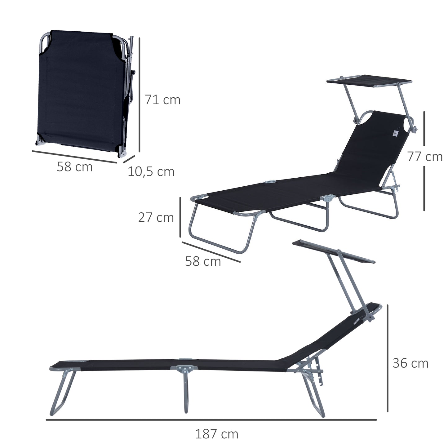 Outsunny Tumbona de Jardín Plegable Silla Tumbona con Toldo Desmontable y Regulable Respaldo Reclinable para Terraza Acampada al Aire Libre 187x58x36 cm Negro