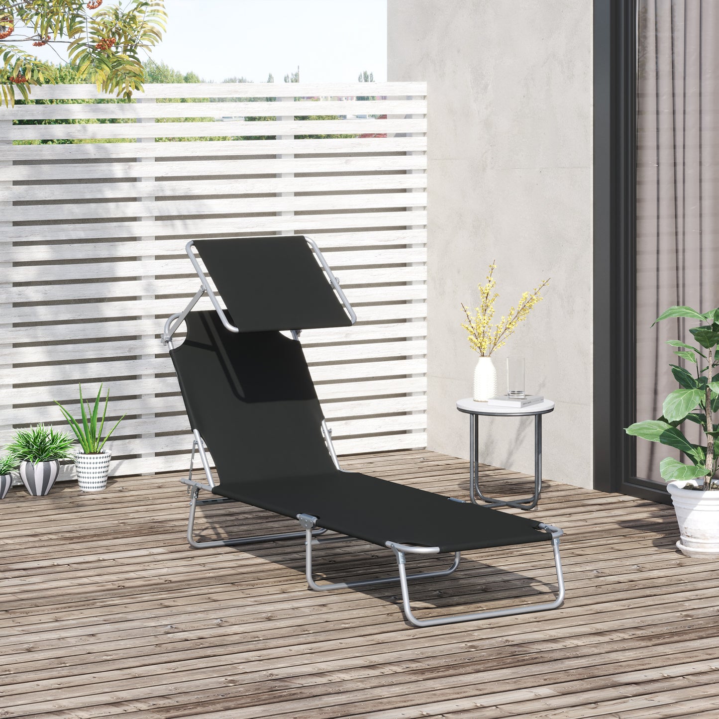 Outsunny Tumbona de Jardín Plegable Silla Tumbona con Toldo Desmontable y Regulable Respaldo Reclinable para Terraza Acampada al Aire Libre 187x58x36 cm Negro