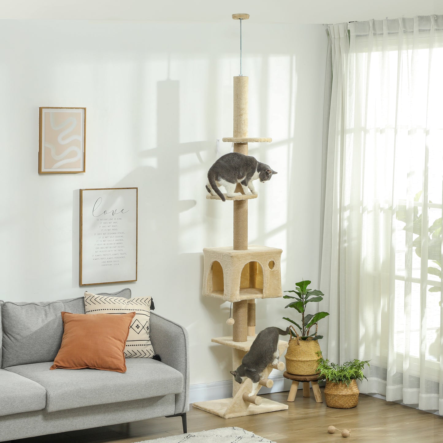 PawHut Árbol para Gatos de Suelo a Techo de 225-265 cm Árbol Rascador para Gatos con Altura Ajustable Múltiples Plataformas Escalera Bola Colgante Beige