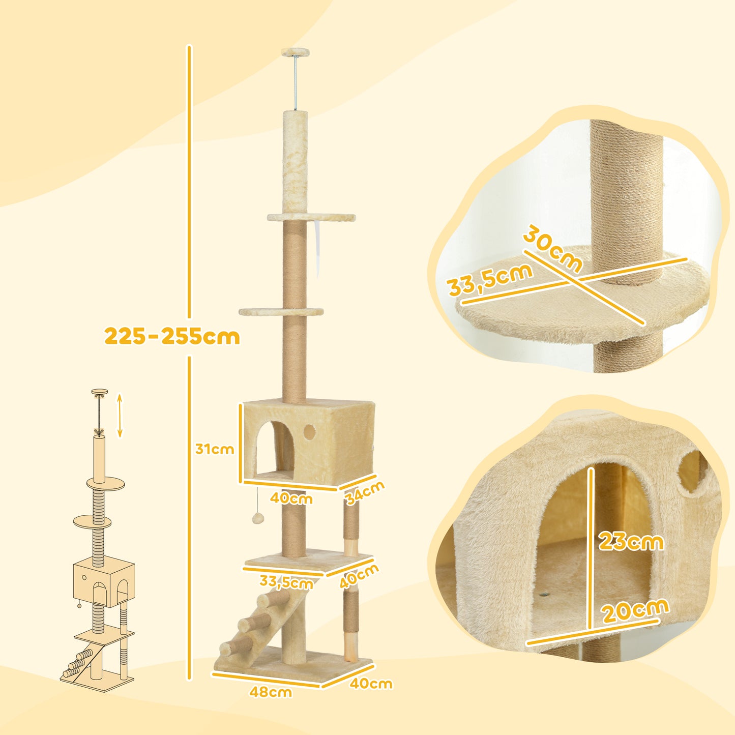 PawHut Árbol para Gatos de Suelo a Techo de 225-265 cm Árbol Rascador para Gatos con Altura Ajustable Múltiples Plataformas Escalera Bola Colgante Beige