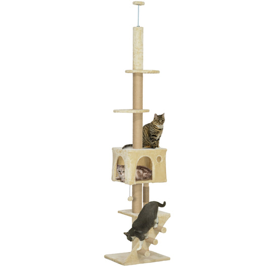 PawHut Árbol para Gatos de Suelo a Techo de 225-265 cm Árbol Rascador para Gatos con Altura Ajustable Múltiples Plataformas Escalera Bola Colgante Beige