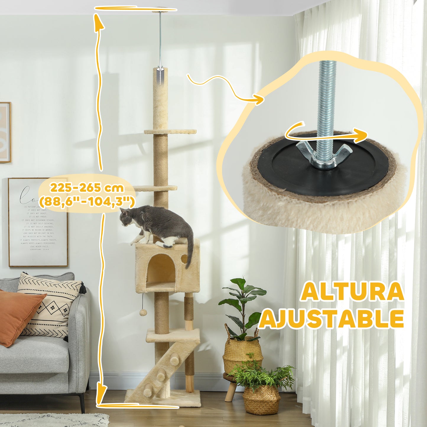 PawHut Árbol para Gatos de Suelo a Techo de 225-265 cm Árbol Rascador para Gatos con Altura Ajustable Múltiples Plataformas Escalera Bola Colgante Beige